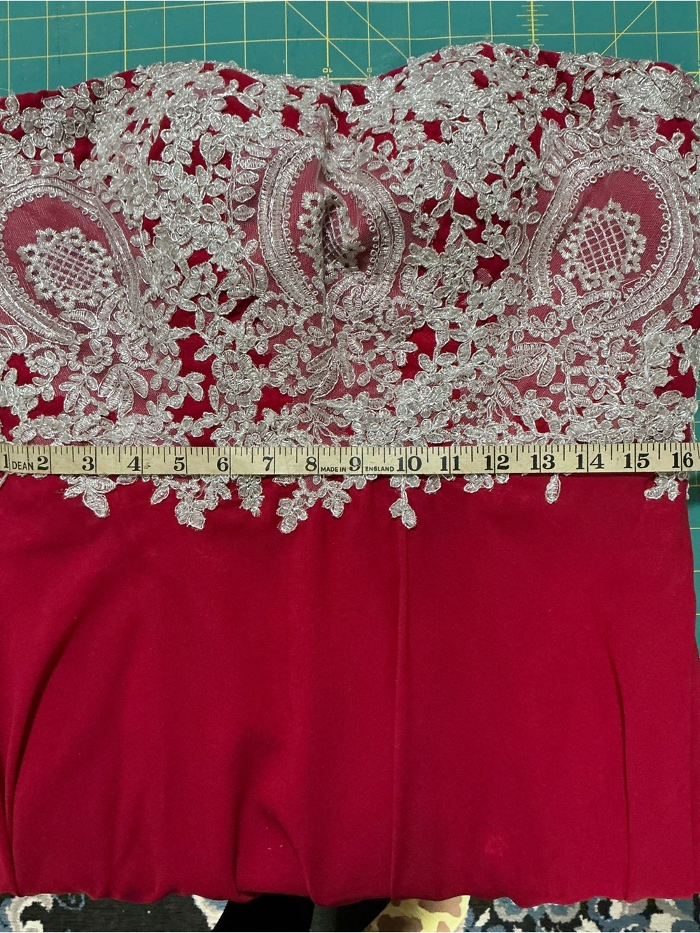2159 - Elegant Red Evening Gown with Silver Lace Bodice - Picture 13 of 13